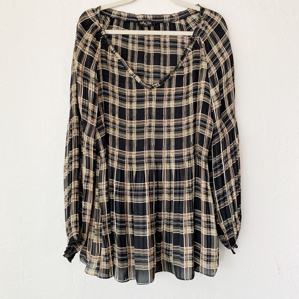 Melissa Paige Plaid Brown Black Peasant Top 1X EUC